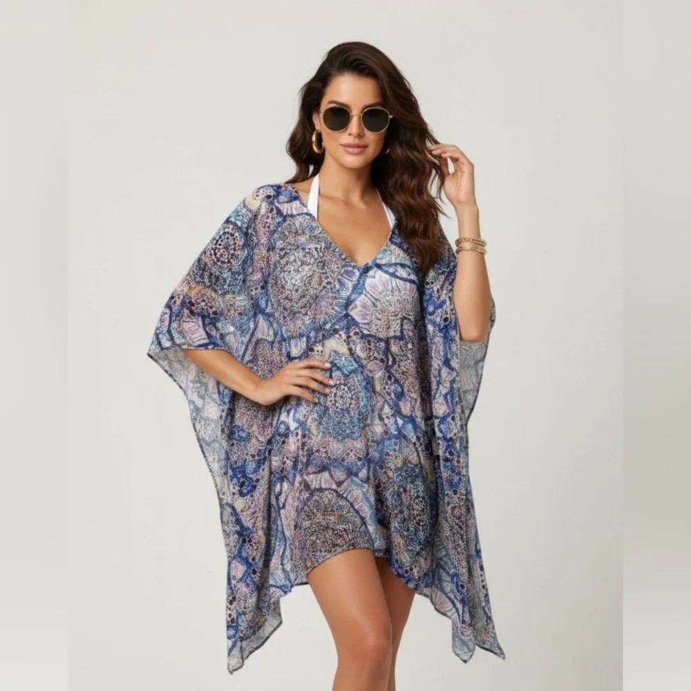 Sheer Blue Medallion V-Neck Women's Swim Coverup